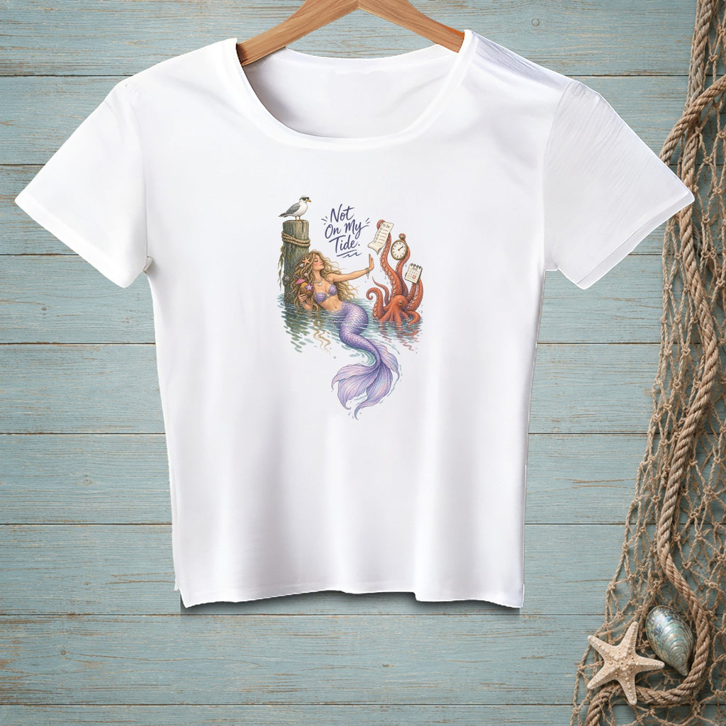 White t-shirt with a mermaid, octopus, and seagull reading "Not On My Tide".