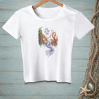 White t-shirt with a mermaid, octopus, and seagull reading "Not On My Tide".