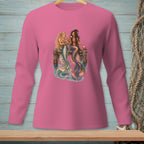 Two mermaids sit on a pier, one holding flowers, with water and a net in the background.