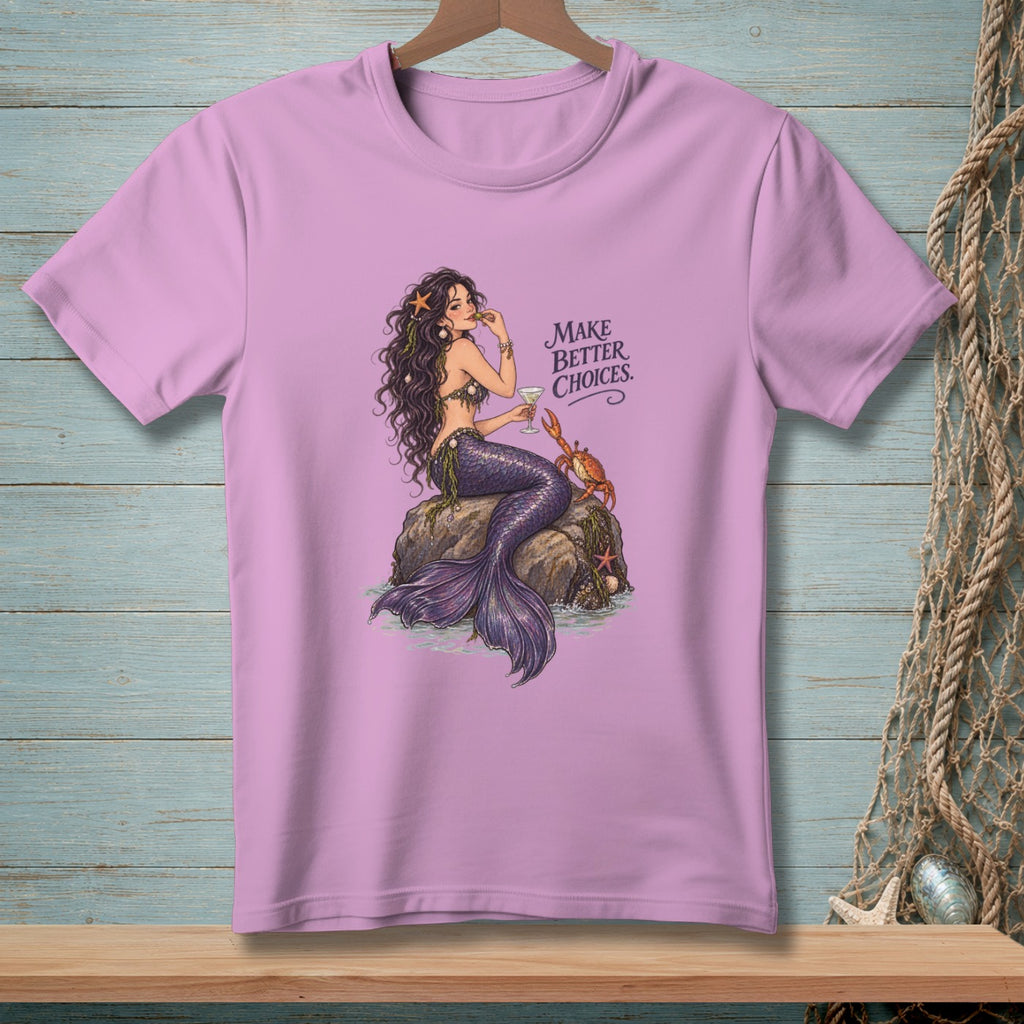 Lavender t-shirt with mermaid, crab, and "Make Better Choices" text.