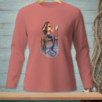 Long-sleeved pink shirt with a mermaid grooming her hair in a mirror.