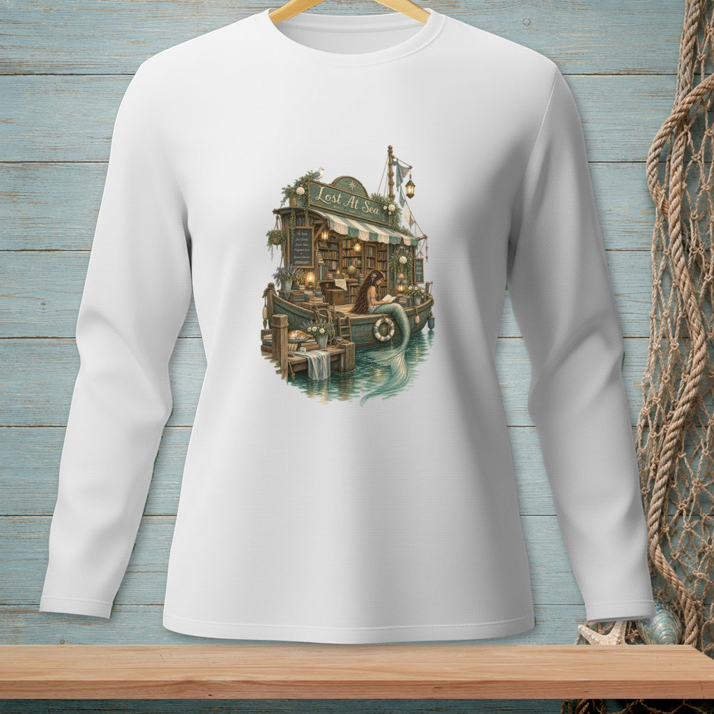 T-shirt with "Lost At Sea" design featuring a mermaid and bookshop on a boat.