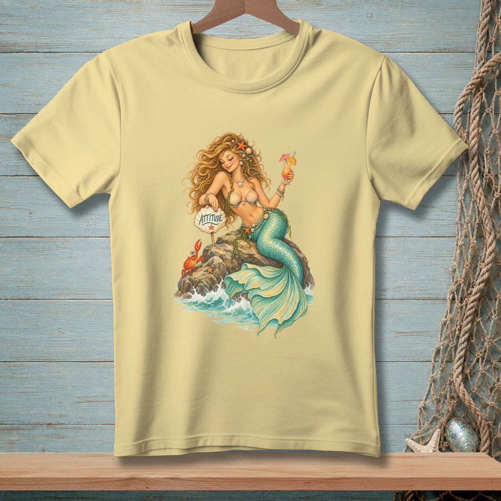 Mermaid with a drink and a crab on a rock, sign reads "Attitude".