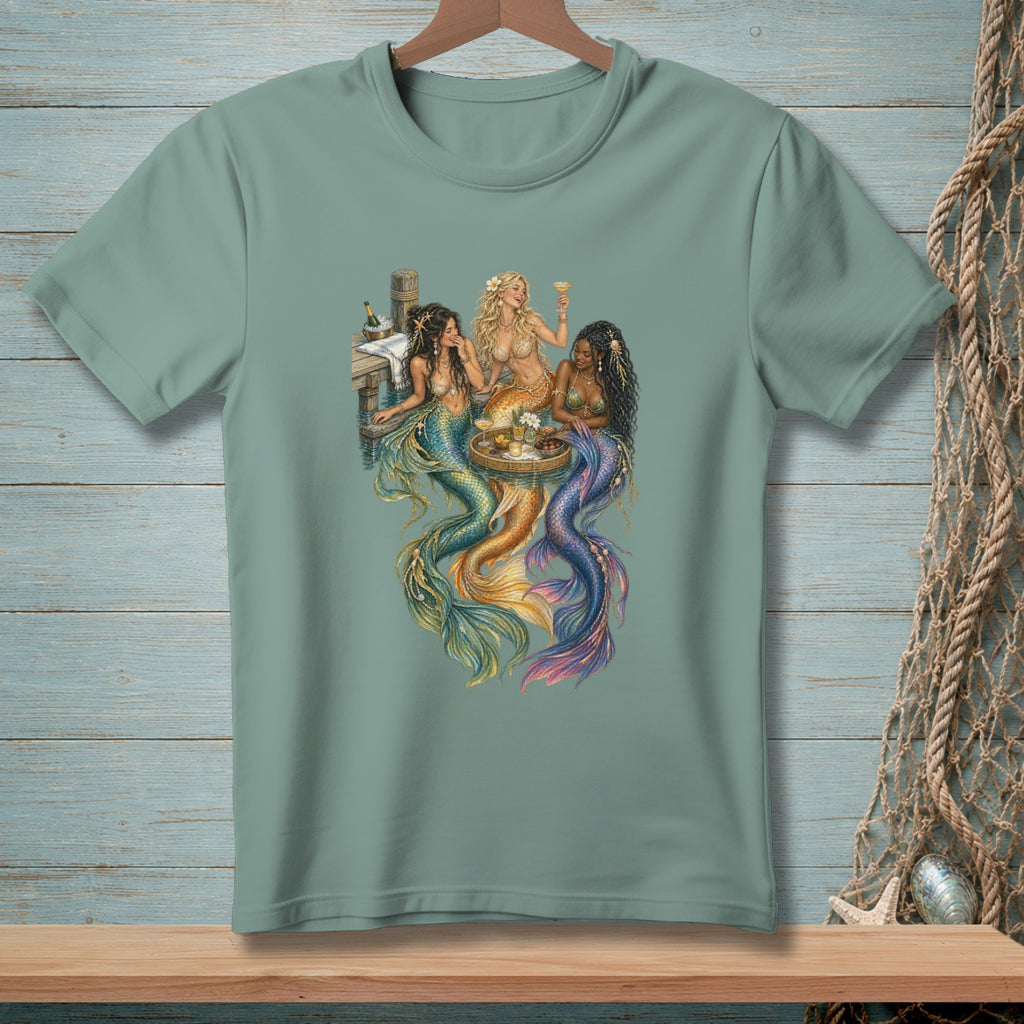 Three mermaids with colorful tails relax on a pier with drinks and snacks.