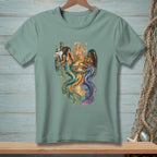 Three mermaids with colorful tails relax on a pier with drinks and snacks.
