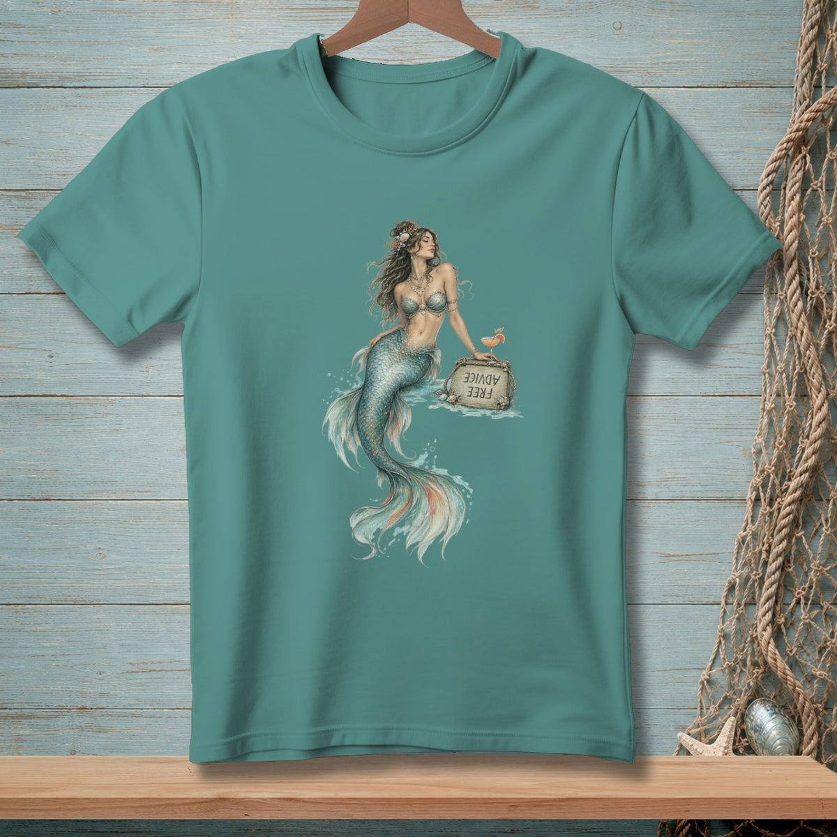 Mermaid with a drink and a "FREE ADVICE" sign on a teal t-shirt.