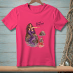 Pink t-shirt with illustration of mermaid and crab by books, "Not My Department."
