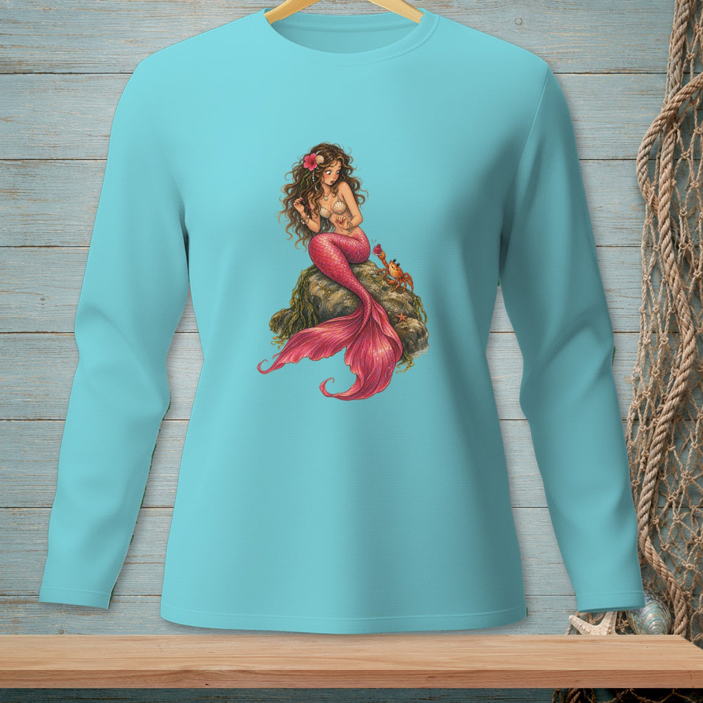 Long sleeve blue shirt with a mermaid and crab illustration on a rock.
