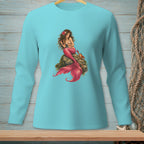 Long sleeve blue shirt with a mermaid and crab illustration on a rock.
