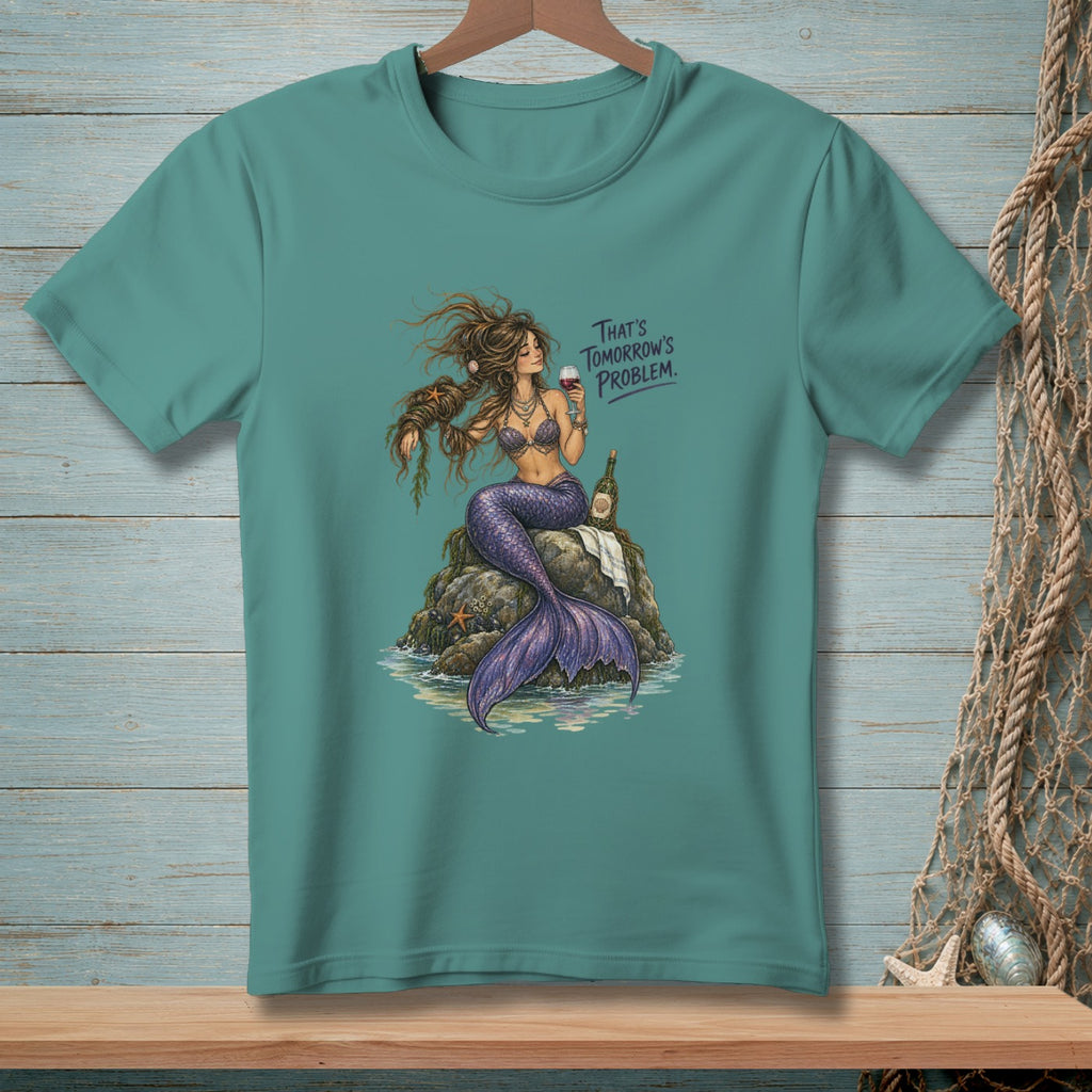 Mermaid with wine and bottle sits on rock, text reads "That's Tomorrow's Problem."