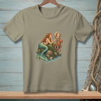 Mermaid and octopus looking in a seashell mirror on a rock.