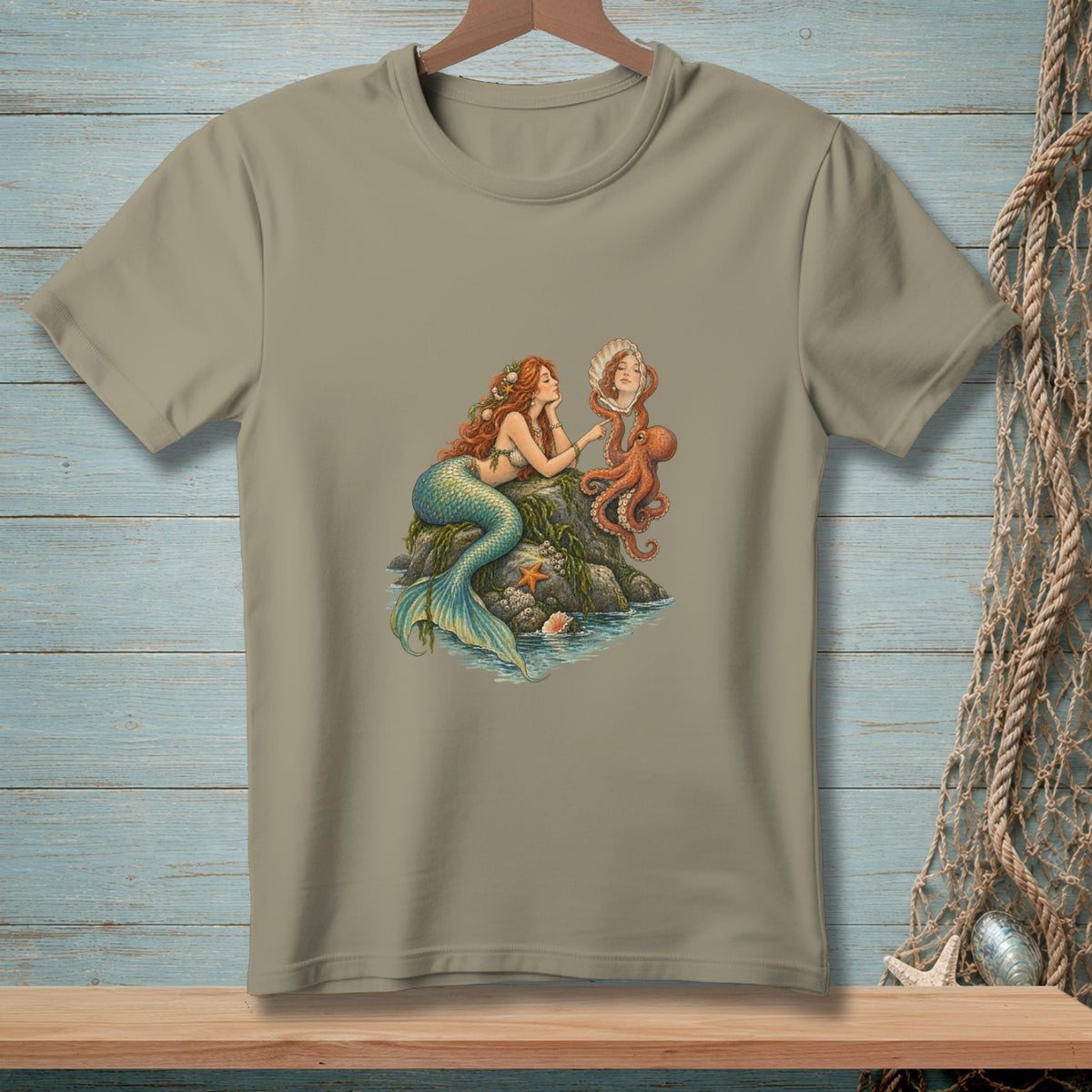 Mermaid and octopus looking in a seashell mirror on a rock.