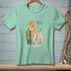 Light teal t-shirt with a mermaid holding a drink and text "Now I'm Ready."