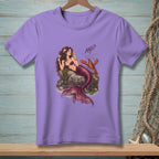 Purple t-shirt with a mermaid and lobster graphic that reads "AND?".