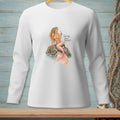 White long-sleeve shirt with a mermaid, champagne, and text "Sharing Wasn't Mentioned."