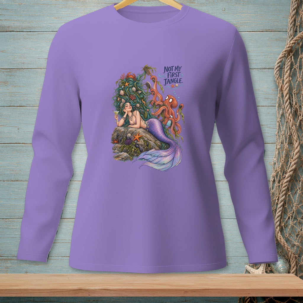 Purple long-sleeve shirt with mermaid, octopus, and text "NOT MY FIRST JANGLE."