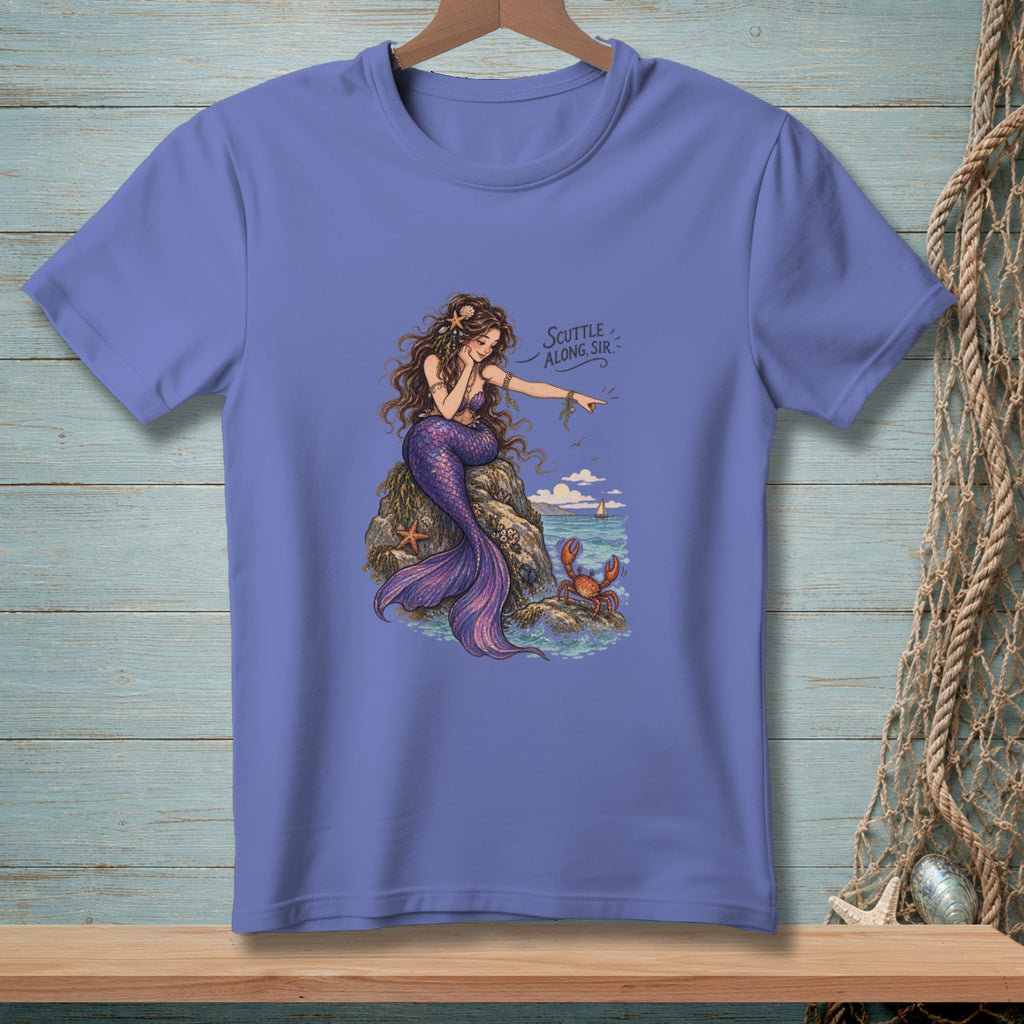 Purple t-shirt with illustration of mermaid and crab, "Scuttle Along, Sir." text.