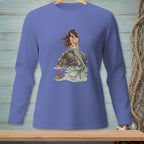 Mermaid sitting on a rock with a crab, on a purple long-sleeve shirt.