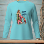 Mermaid and lobster graphic with "Claw and Order" text on a teal long-sleeve shirt.