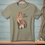 Mermaid holding champagne, lobster, and text "Don't Get Comfortable."