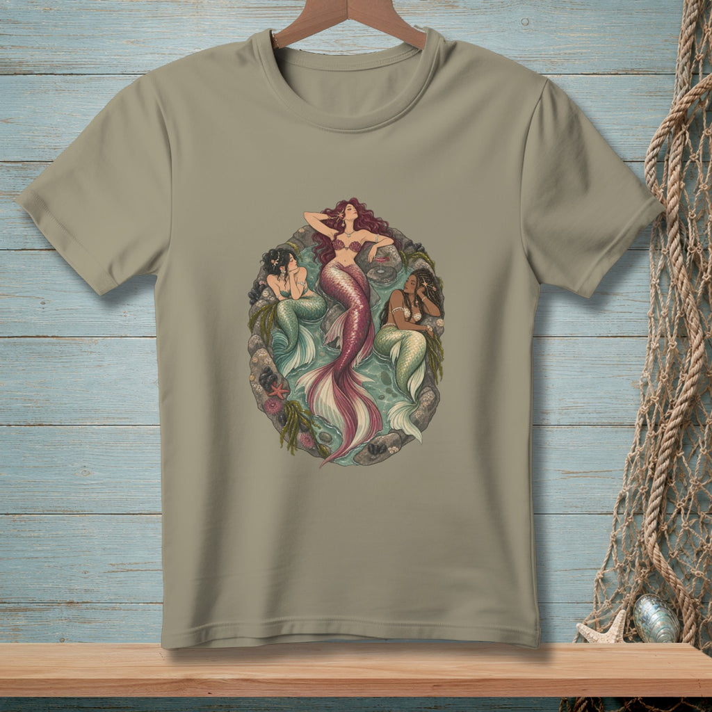T-shirt graphic with three mermaids in an oval design with seaweed and rocks.