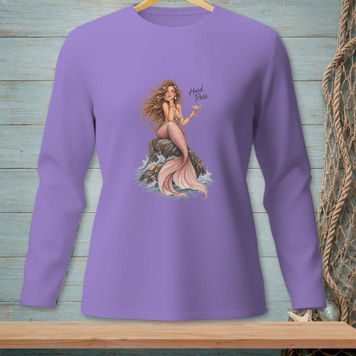 Purple long-sleeved shirt with mermaid illustration and "Hard Pass" text.