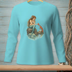 Teal long-sleeve shirt with mermaid and lobster artwork.