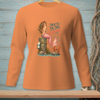 Orange long-sleeve shirt with mermaid, crab, and text: "Talk to the Tail, Crabcake."