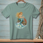 Mermaid with pearl and lobster on a rock, depicted on a t-shirt.