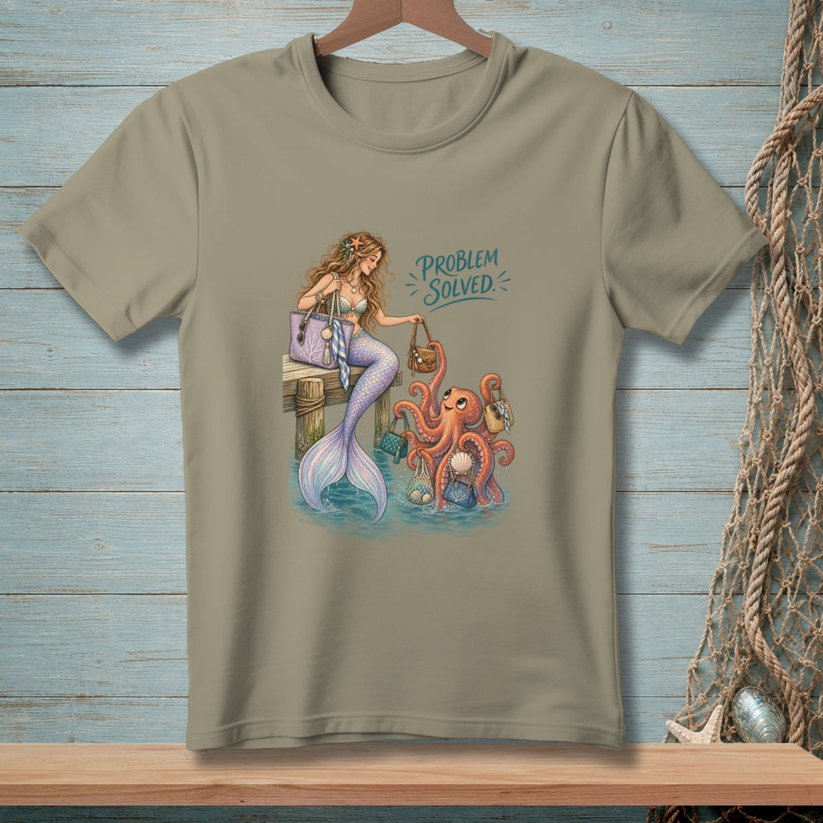Mermaid and octopus with shopping bags, text "PROBLEM SOLVED".