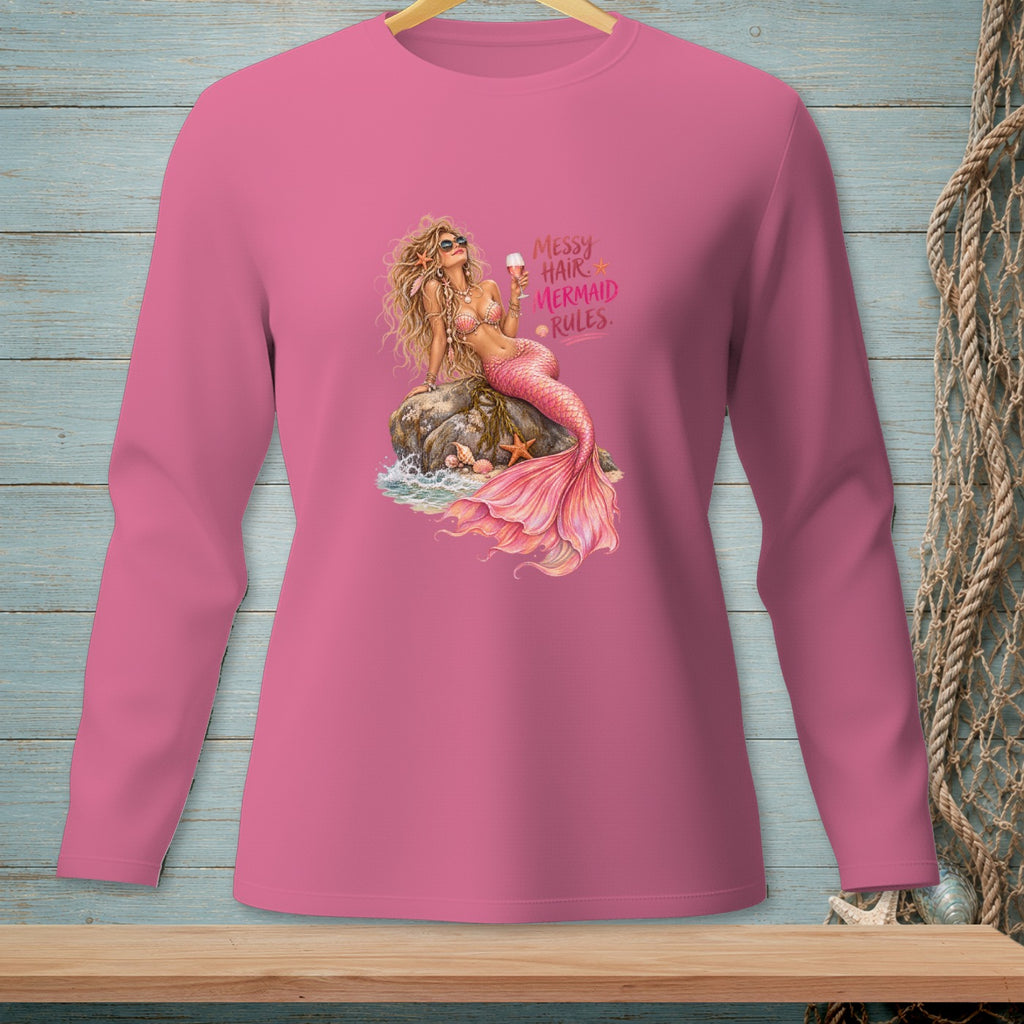 Pink long-sleeve shirt with mermaid graphic and text "Messy Hair Mermaid Rules."