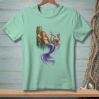Mermaid relaxing with an octopus reading a book and drinks by a post.