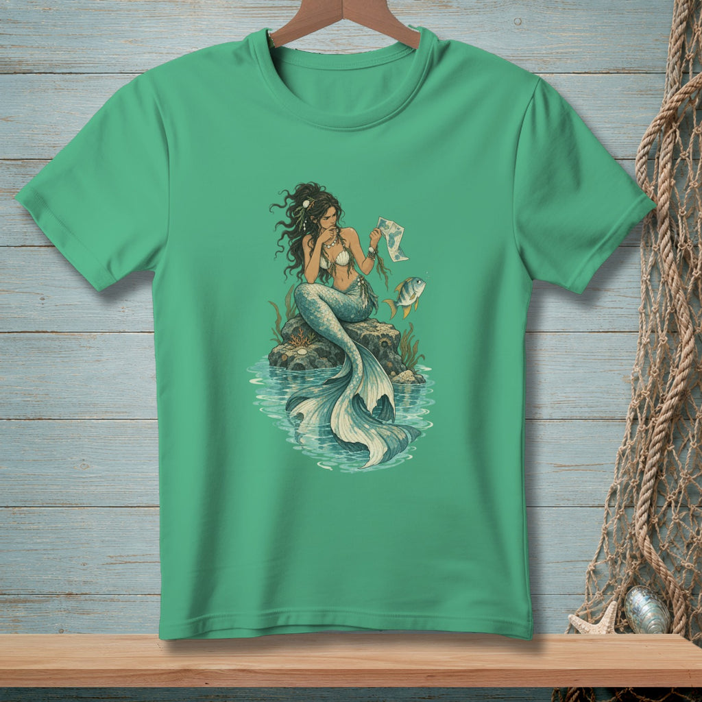 Green t-shirt with illustration of a mermaid on a rock holding a map.