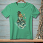 Green t-shirt with illustration of a mermaid on a rock holding a map.