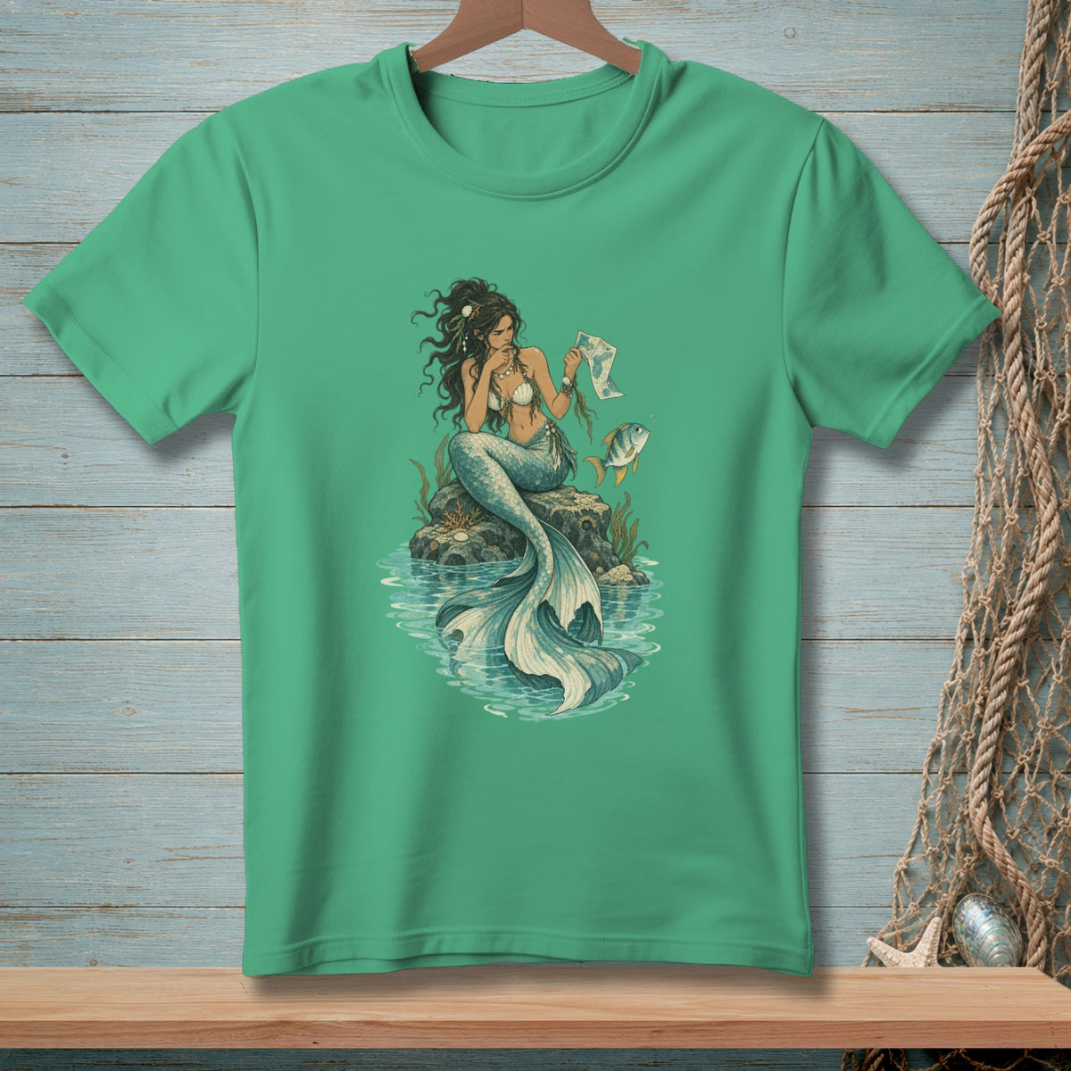 Green t-shirt with illustration of a mermaid on a rock holding a map.