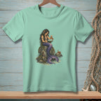 Mermaid with purple tail reading on a rock with crabs and starfish.