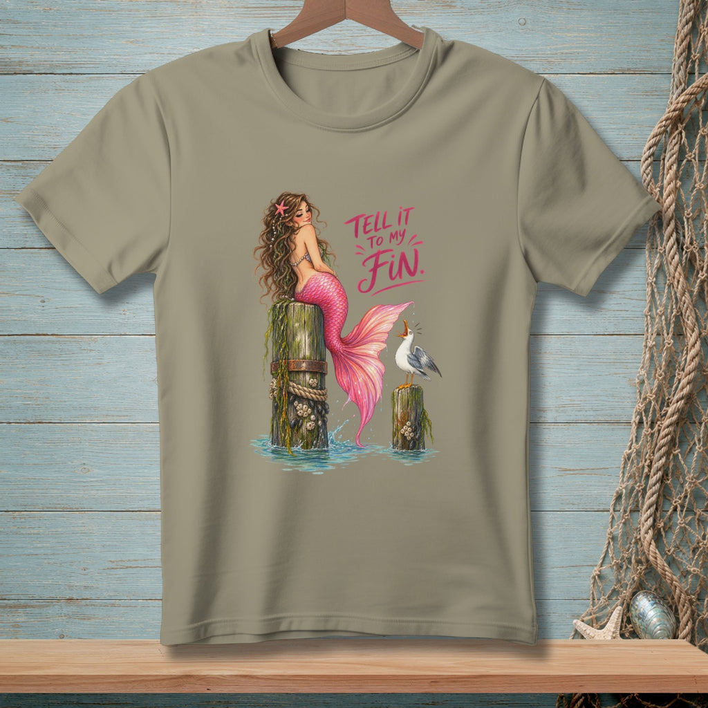 T-shirt graphic of a mermaid with pink tail and seagulls on posts, with text "TELL IT TO MY FIN."