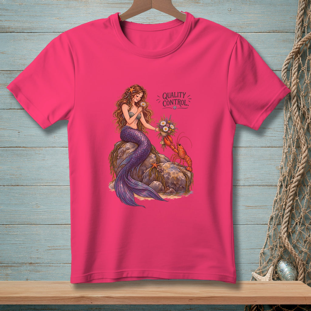 Pink t-shirt with mermaid and lobster art and "Quality Control" text.