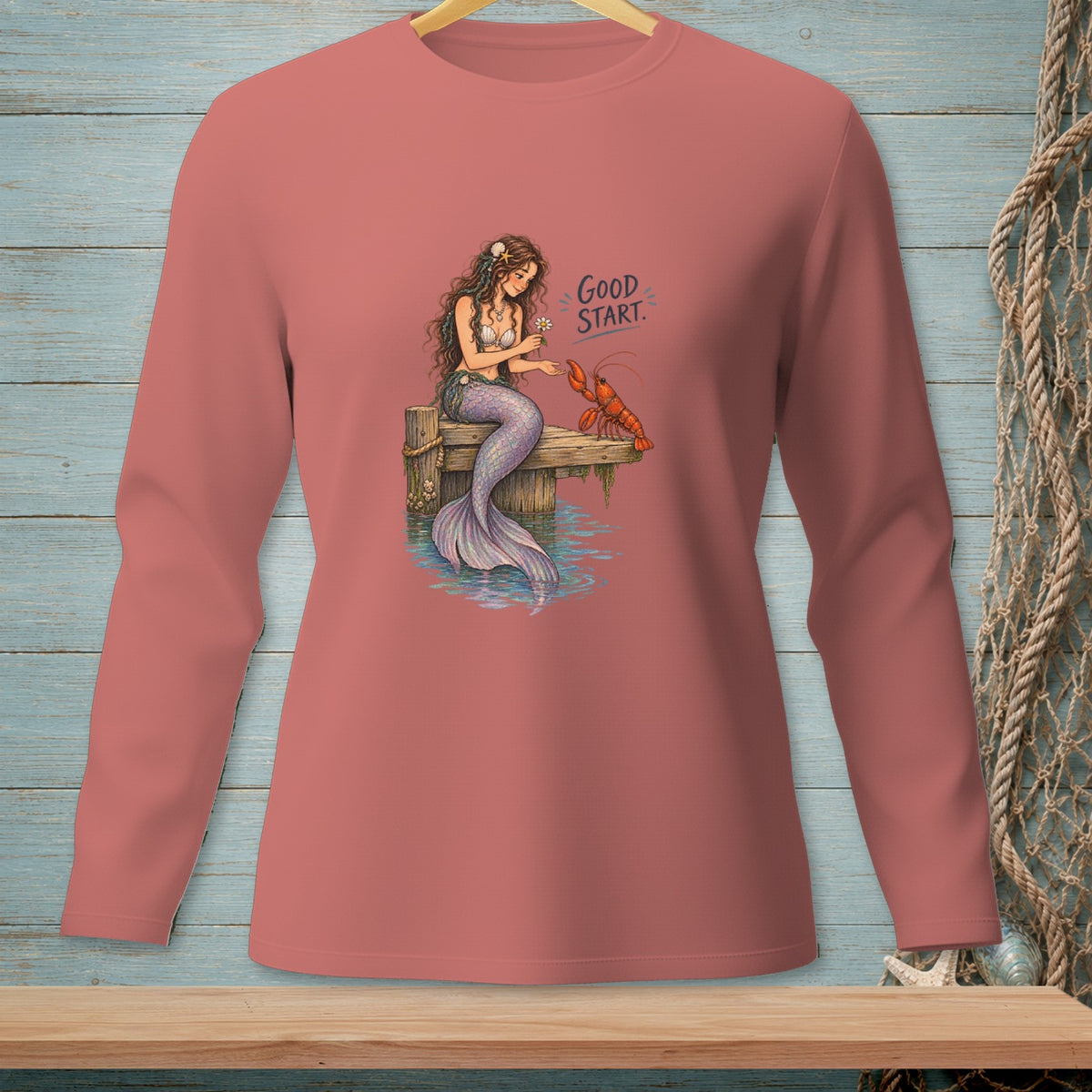 Mermaid with lobster on dock, text "GOOD START."