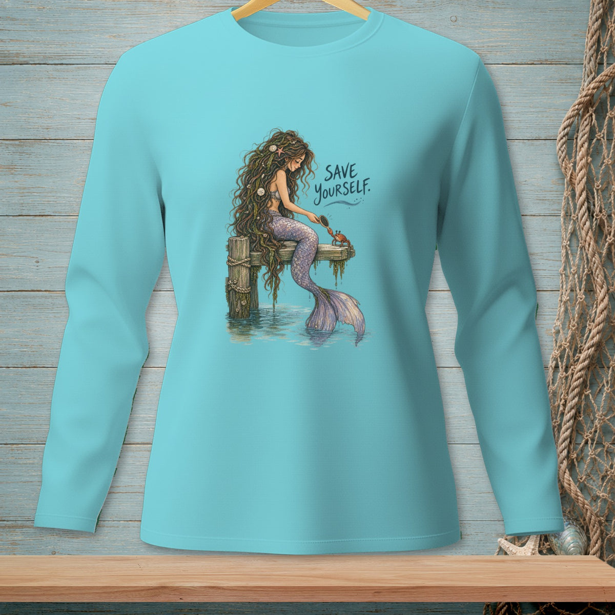 Mermaid sitting on dock brushing a crab, with text "SAVE YOURSELF".