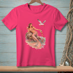 Pink t-shirt with a mermaid and a seagull dropping fruit into the water.