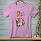 Mermaid with champagne and lobster on posts, text reads "DON'T GET COMFORTABLE."