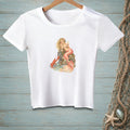 White t-shirt with a graphic of a mermaid and a lobster by the sea.
