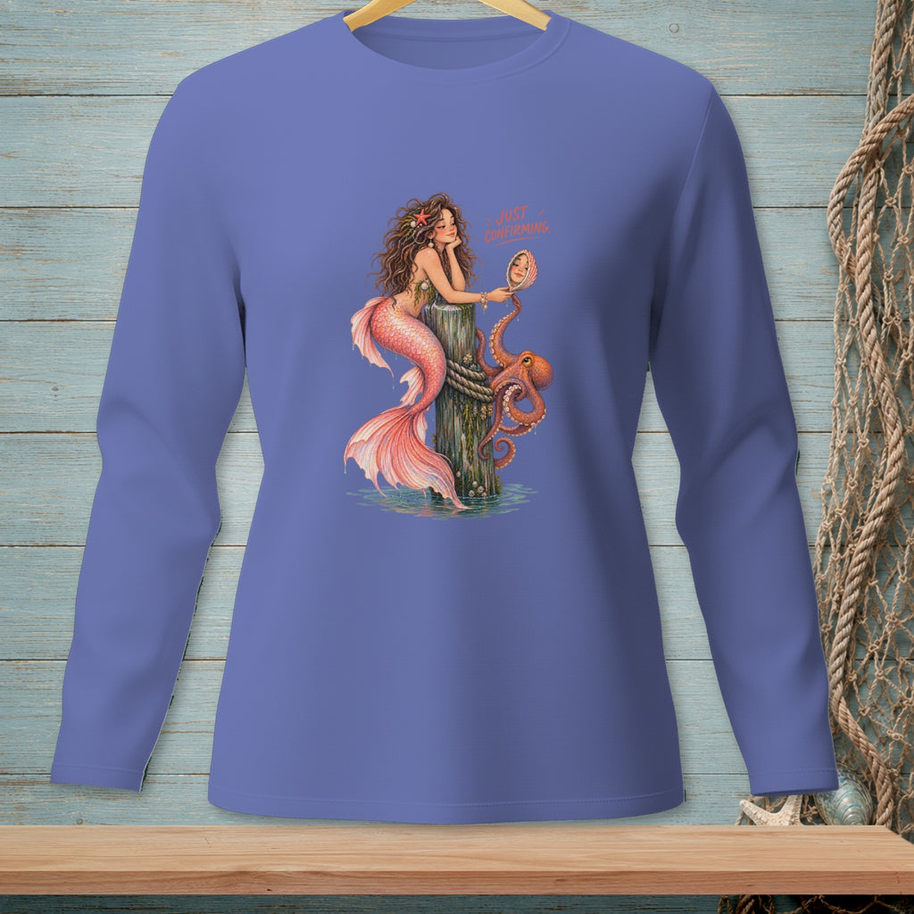 Mermaid and octopus on a wooden post, looking in a mirror with text "JUST CONFIRMING".