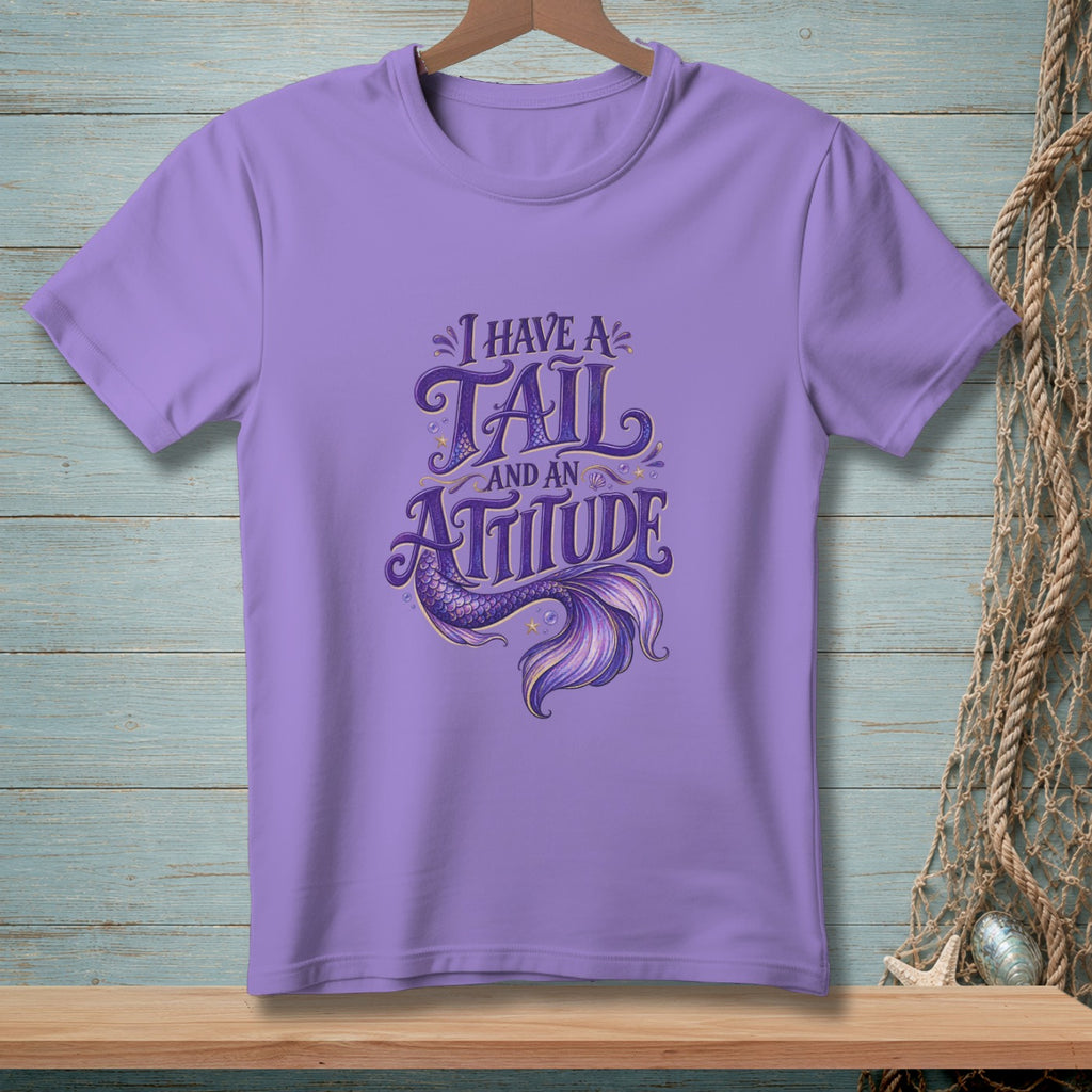 Purple t-shirt with "I have a tail and an attitude" and mermaid tail graphic.