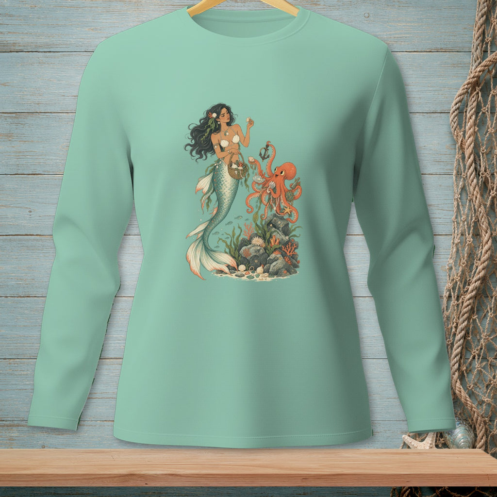 Mint green long-sleeve shirt with a mermaid and octopus under the sea illustration.