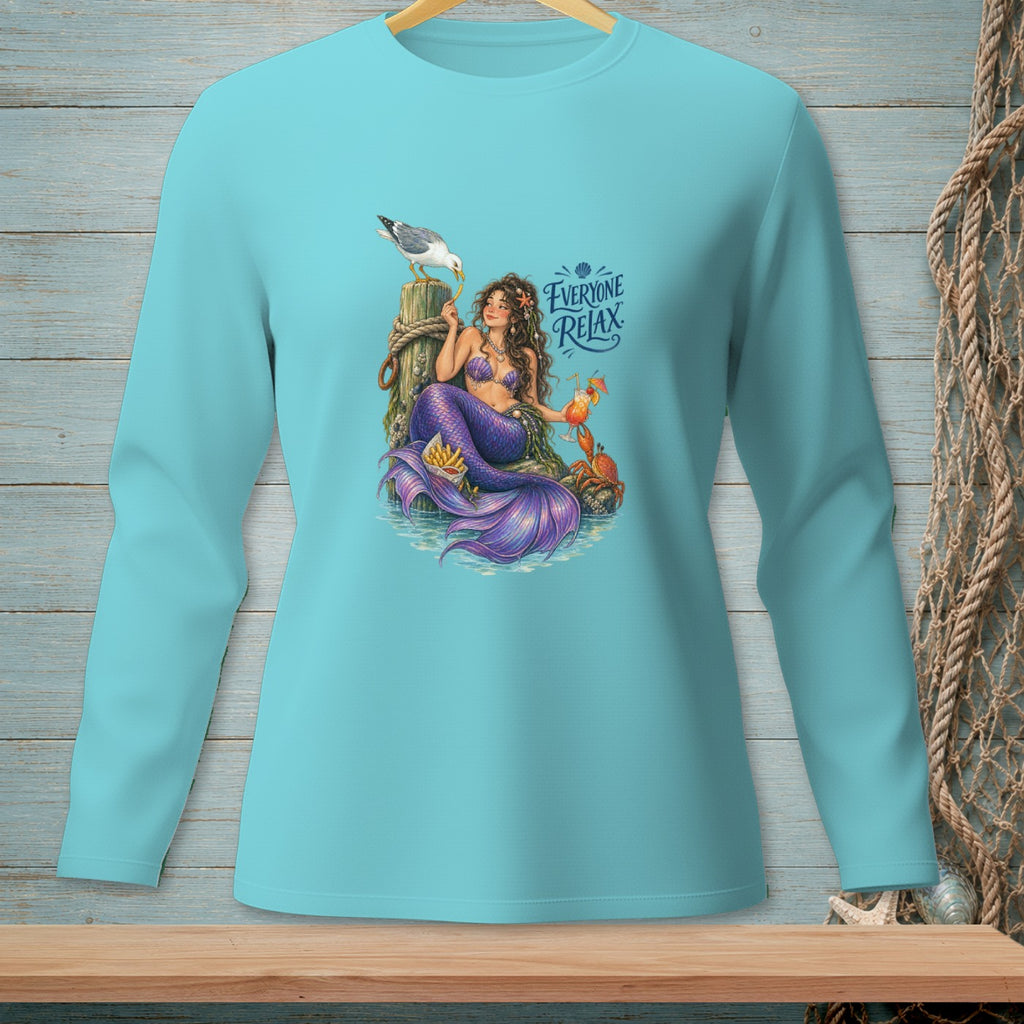 Mermaid with purple tail sits on a dock next to fries, a drink, and crabs.
