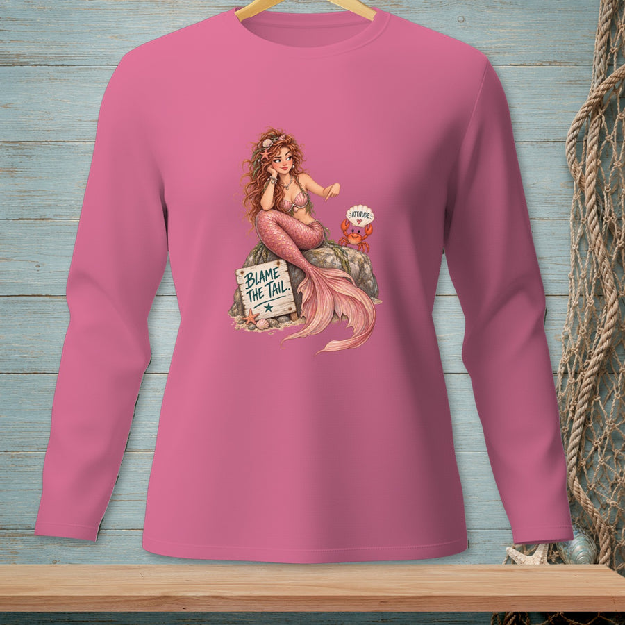 Pink long sleeve shirt with mermaid graphic and "Blame the Tail" text.