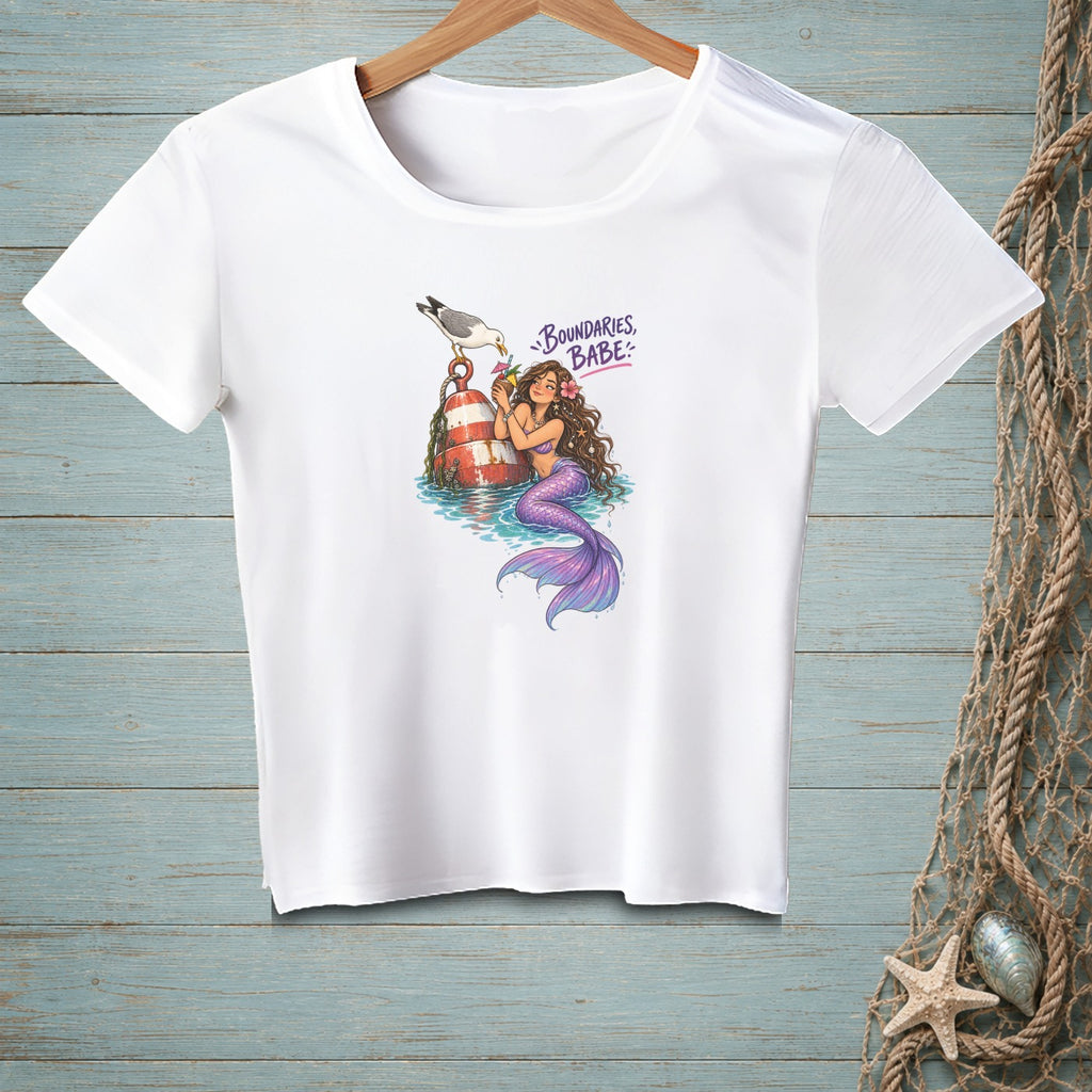 White t-shirt graphic: Mermaid holding a drink with a seagull on a buoy, reads "Boundaries, Babe".