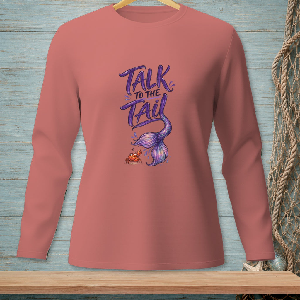 Long sleeve pink shirt with purple "Talk to the Tail" graphic and a crab.